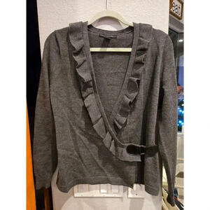Elena Solano Women's Gray Wool Wrap Sweater S Ruffle Buckle Casual Fall